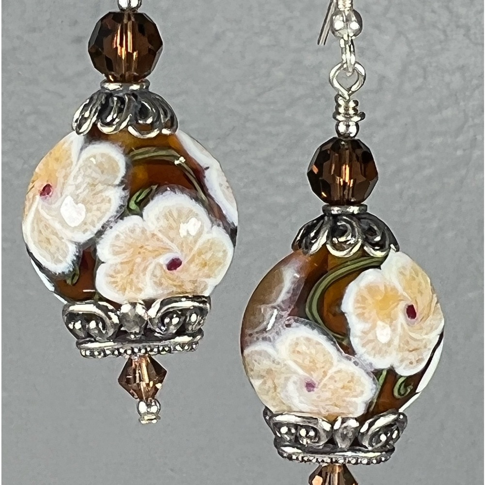 WHITE SMOKE TOPAZ FLOWER LAMPWORK SWAROVSKI DANGLING STERLING SILVER EARRING